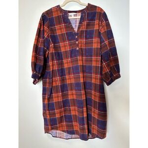 Garnet Hill Orange Blue Plaid Corduroy Shift Dress Sz L